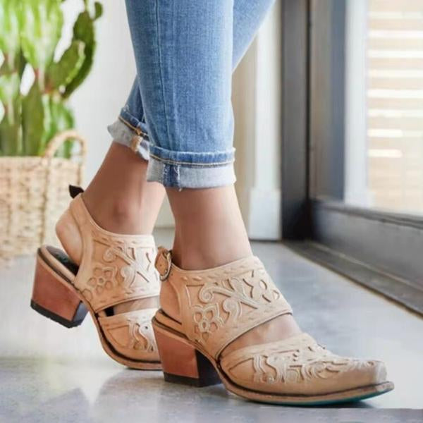 Women's Embroidered Square Toe Chunky Heel Sandals 10984481C