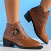 Women's Pointed-Toe Chunky Heel Short Boots with Studded Belt Buckle 18101868C