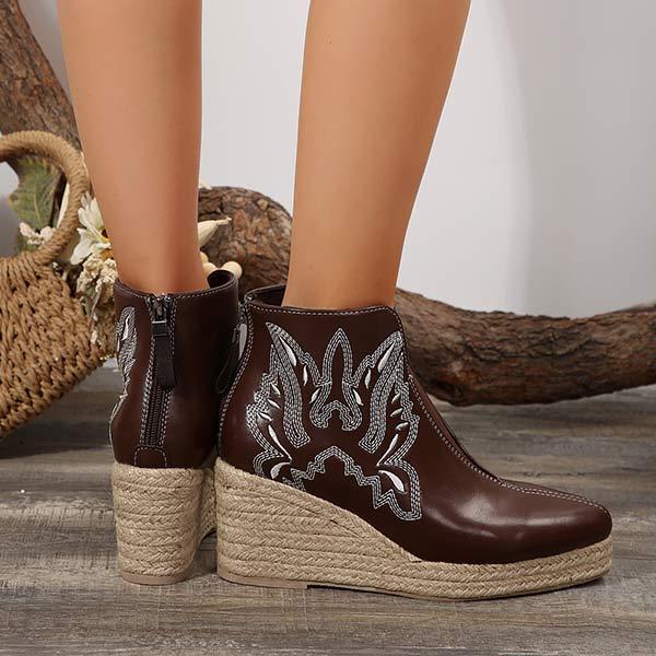 Women's Embroidered Wedge Short Boots with Espadrille Rope Sole 40787451C