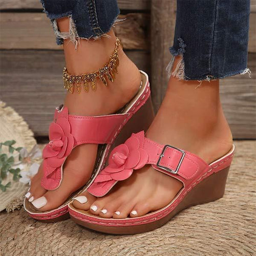 Women's Floral Belt Buckle Wedge T-Strap Sandals 96943814C