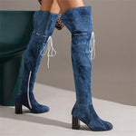 Women's Fashionable Chunk Heel Denim Over-the-Knee Boots 81332209S