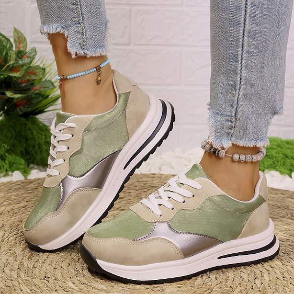 Women's Round Toe Flat Lace Up Contrast Color Sneakers 48714342C