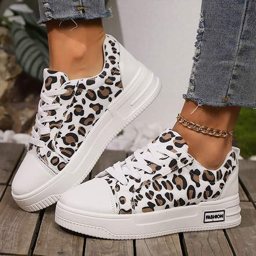 Women's Thick-Soled Lace-Up Leopard Print Sneakers 56315865C