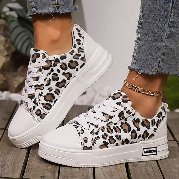 Women's Thick-Soled Lace-Up Leopard Print Sneakers 56315865C