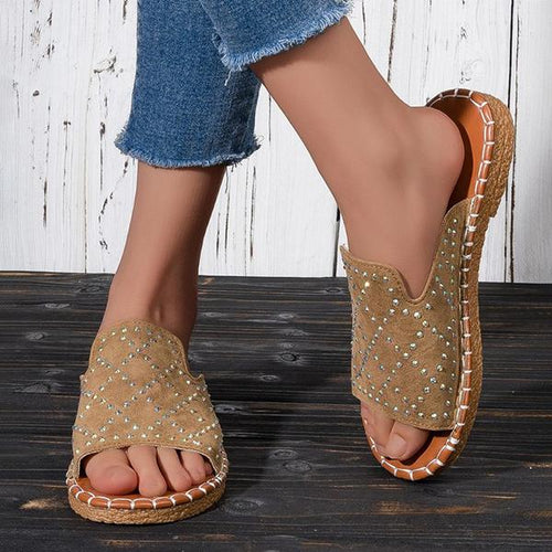 Women’s Casual Fish Mouth Rhinestone Flat Slippers 61619505S