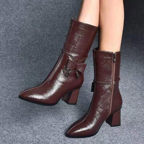 Women's Pointed Toe Side Zipper Vintage Bow Detail Mid-Calf Boots 99222891C