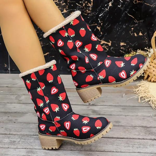 Women's Casual Strawberry Pattern Block Heel Snow Boots 26257644S