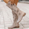 Women's Low Heel Embossed Suede Floral Side Zipper High-Calf Riding Boots 13658699C