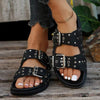 Women's Buckle Strap Perforated Flat Slide Sandals 58214633C