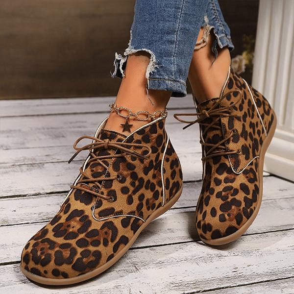 Women's Casual Leopard Lace-Up Flat Ankle Boots 27516532S