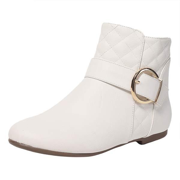 Women's Flat Ankle Boots with Side Zipper and Metal Buckle Strap 90758357C