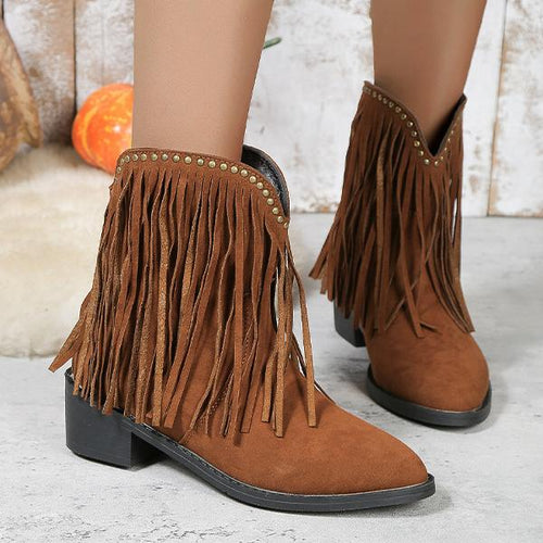 Women's Pointed Toe Tassel Chunky Heel Studded Short Boots 77390637S