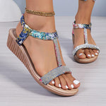 Women's T-Shaped Rhinestone Ethnic Wedge Sandals 12674701S