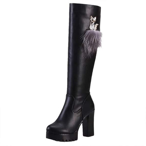 Women's Below-the-Knee Fur-Lined High Heel Boots 69095504C