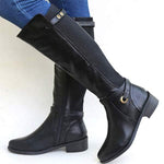 Women's Long Shaft Chunky Heeled Side-Zip Buckle Strap Riding Boots 92872554C