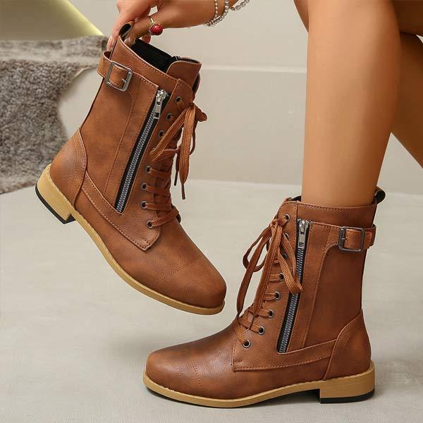 Women's Chunky Heel Lace-Up Side Zipper Martin Boots 06698581C