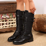 Women's PU Patchwork Denim Lace-Up Knee-High Boots 79900021C