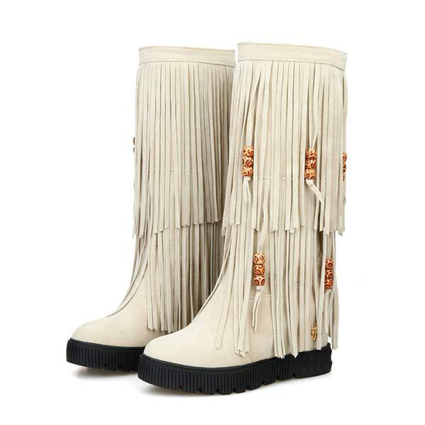 Women's Beaded Fringe Wedge Knee-High Boots 91869043C