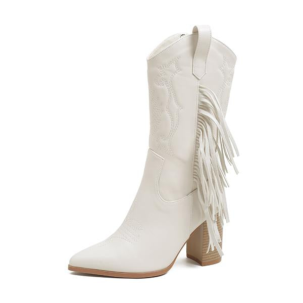 Women's Fashion Pointed Toe Tassel Chunky Heel Boots 72312603S