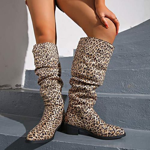 Women's Leopard Print Pointed Toe Pleated Boots 67996002C