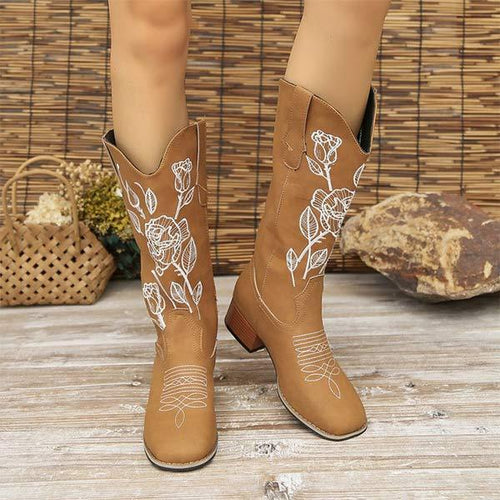 Women's Embroidered Vintage Chunky Heel Long Boots 65776009C