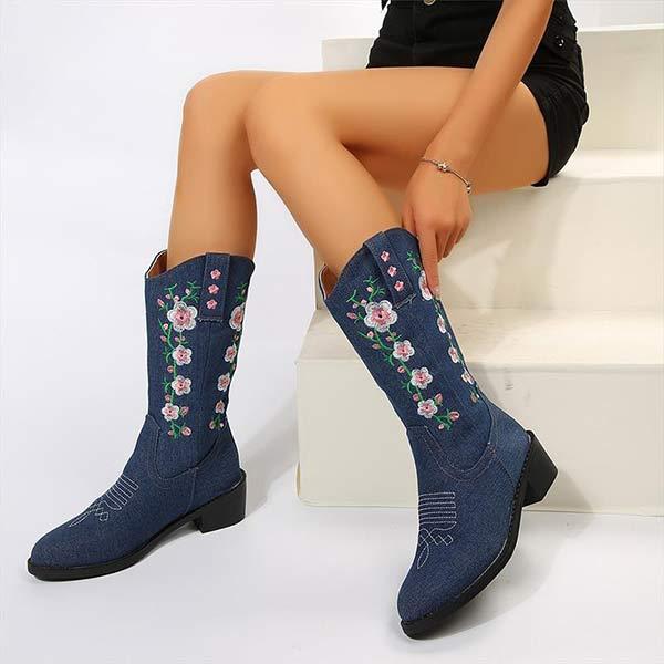 Women's Embroidered Block Heel Mid-Calf Riding Boots 38915246C