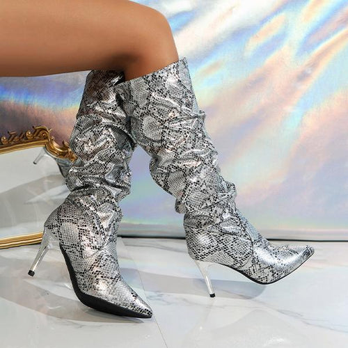 Women's Fashion Snake Print High Heel Knee-High Boots 98128611S