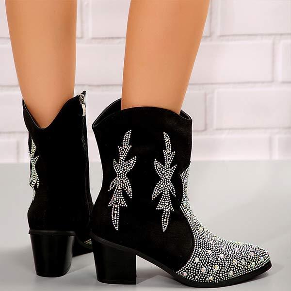 Women's Pointed Toe Rhinestone Chunky Heel Ankle Boots 47372507C