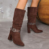 Women's Fitted Ruched Boots with Chunky Heel and Belt Buckle Mid-Calf Boots 81149789C