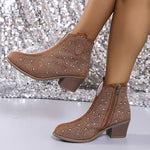 Women's Block Heel Side Zipper Glitter Short Boots 10864207C