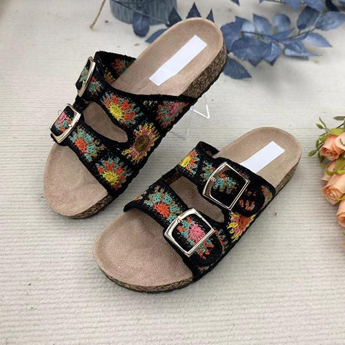 Women's Braided Double-Button Ethnic Style Flat Slippers 59326415S