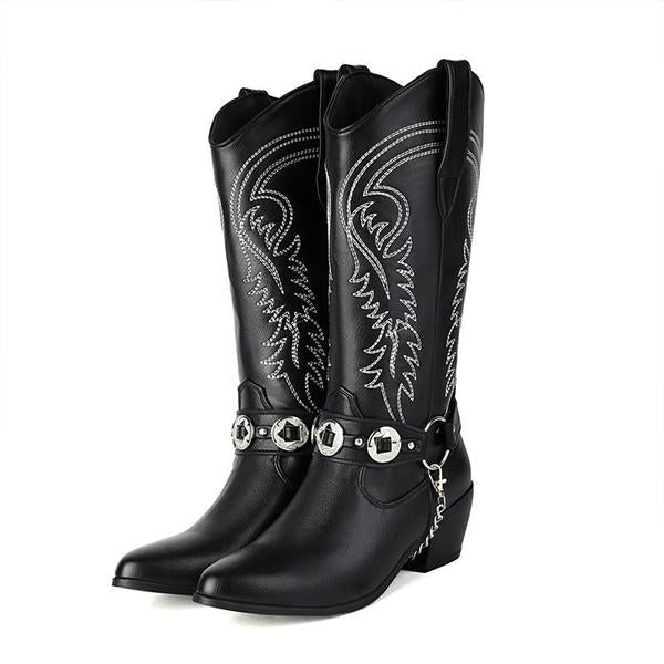 Women's Vintage Metal Buckle Knee-High Cowboy Boots 76440161S