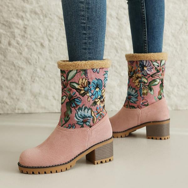Women's Vintage Flower Suede Chunky Heel Snow Boots 11166587S