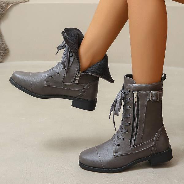 Women's Chunky Heel Lace-Up Side Zipper Martin Boots 06698581C