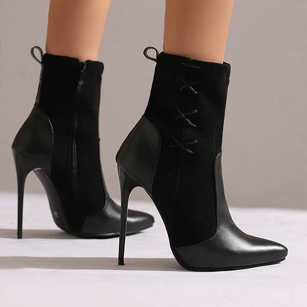 Women's Pointed-Toe Stiletto Super High-Heel Color-Block Ankle Boots with Side Zipper 24008823C