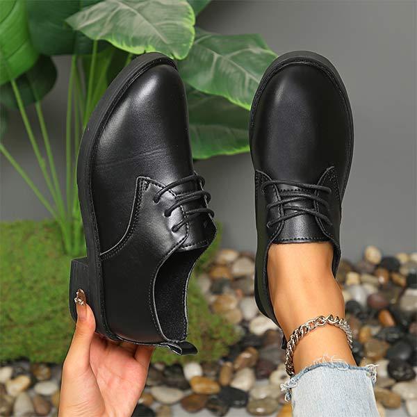 Women's Black Low Heel Chunky Lace-Up Flats 48135459C