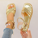 Women's Elegant Gold Cross Strap Flat Sandals 74341311S