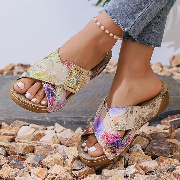 Women's Floral Print Wedge Heel Casual Slide Sandals 55008853C