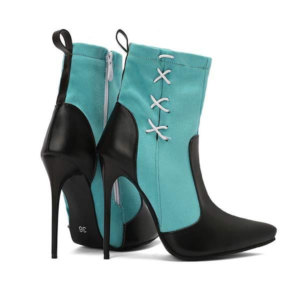 Women's Pointed-Toe Stiletto Super High-Heel Color-Block Ankle Boots with Side Zipper 24008823C