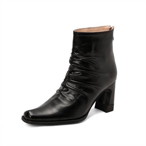 Women's Fashion Pleated Back Zipper Chunky Heel Ankle Boots 16769780S