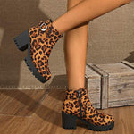 Women's Round Toe Thick Sole High Heel Leopard Print Combat Boots 04891976C