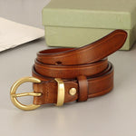 Women's Vintage Pure Copper Round Pin Buckle Leather Belt 97004665C