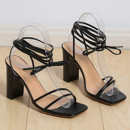 Women's Strappy High Heel Sandals with Crossed Ties and Square Toe 28877262C