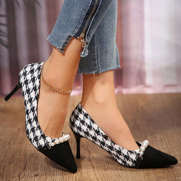 Women's Fashionable Houndstooth Pearl Stiletto Heel Pumps 19311045S