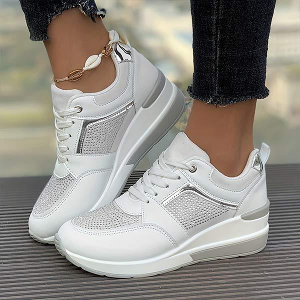 Women's Thick-Soled Casual Lace-Up Rhinestone Sneakers 49082393C