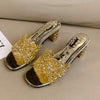 Women's Glittery One-Band Rhinestone Chunky Heel Sandals 93928188C
