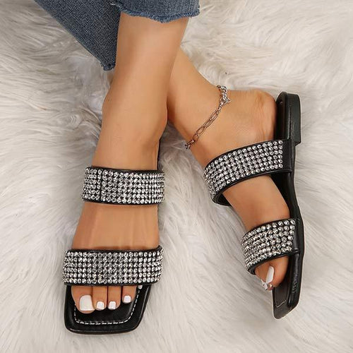 Women's Rhinestone Square Toe Flat Slippers 71112487C