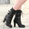 Women's Side Zipper Studs Chunky Heel Mid-Calf Boots with High Heel and Lace-Up Martin Boots 33341609C