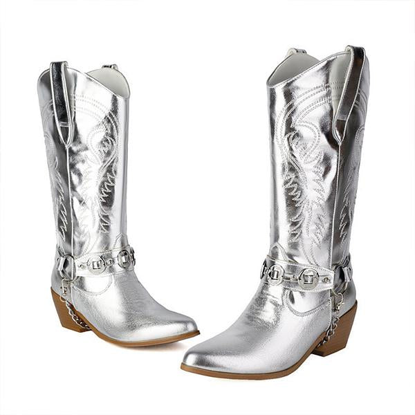 Women's Vintage Metal Buckle Knee-High Cowboy Boots 76440161S