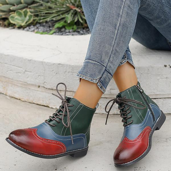 Women's Color Block Carved Lace Up Ankle Boots 77661866S